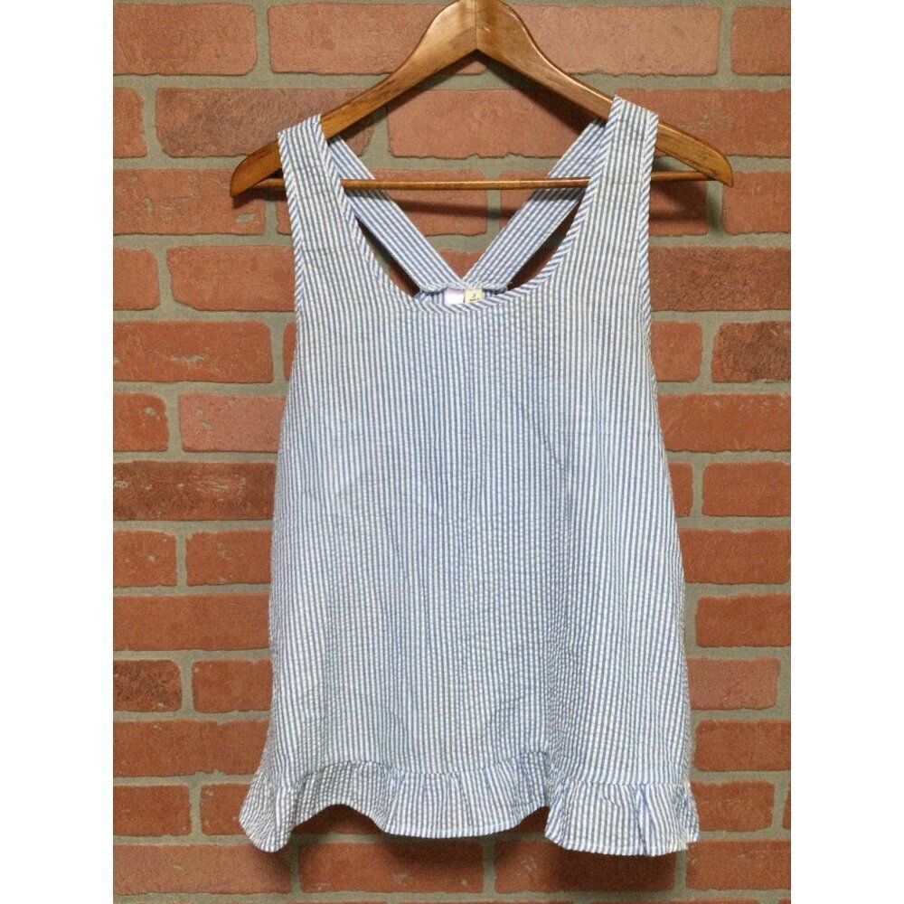 Alya womens S Blouse Top blue white sear sucker big bow detail sleeveless